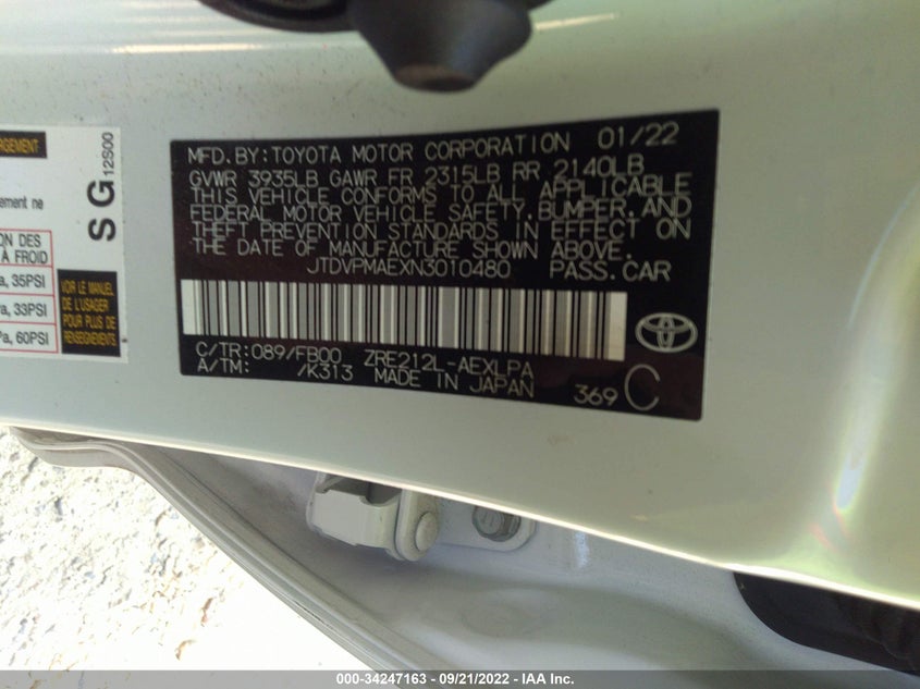 VIN JTDVPMAEXN3010480 2022 TOYOTA COROLLA LE