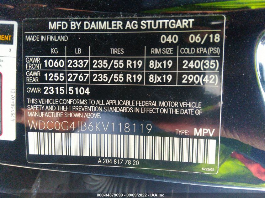 2019 MERCEDES-BENZ GLC GLC 300 WDC0G4JB6KV118119