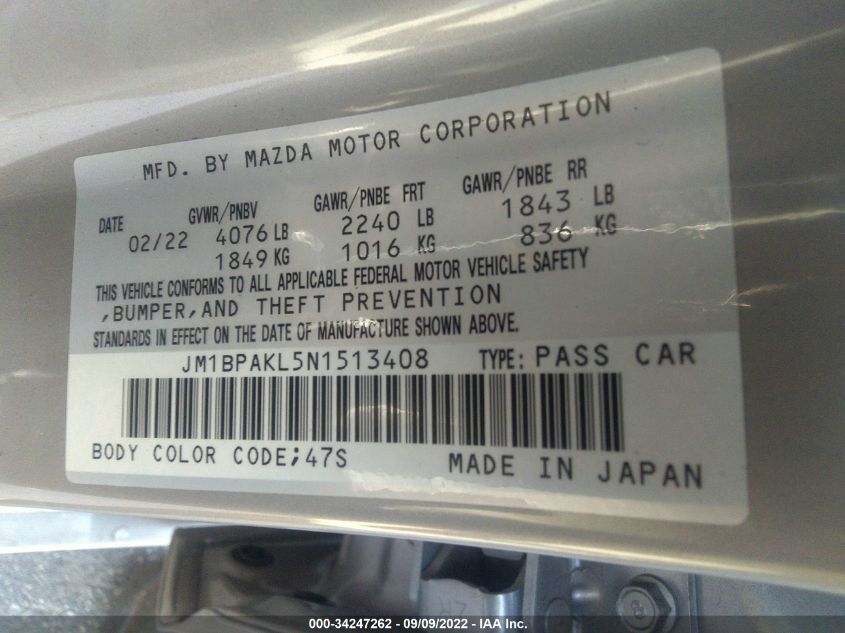 2022 MAZDA 3 SELECT JM1BPAKL5N1513408