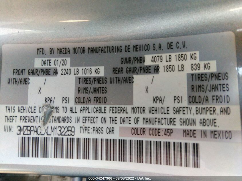 2020 MAZDA MAZDA3 SEDAN SELECT PACKAGE 3MZBPACLXLM132259