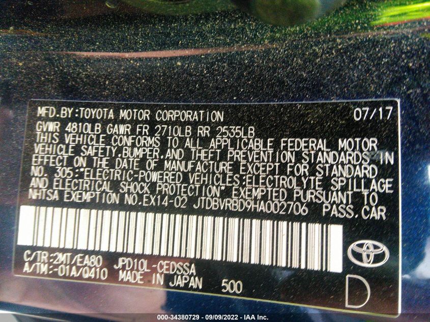 2017 TOYOTA MIRAI JTDBVRBD9HA002706