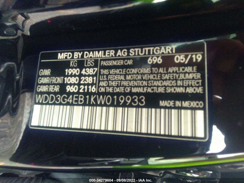2019 MERCEDES-BENZ A-CLASS A 220 WDD3G4EB1KW019933