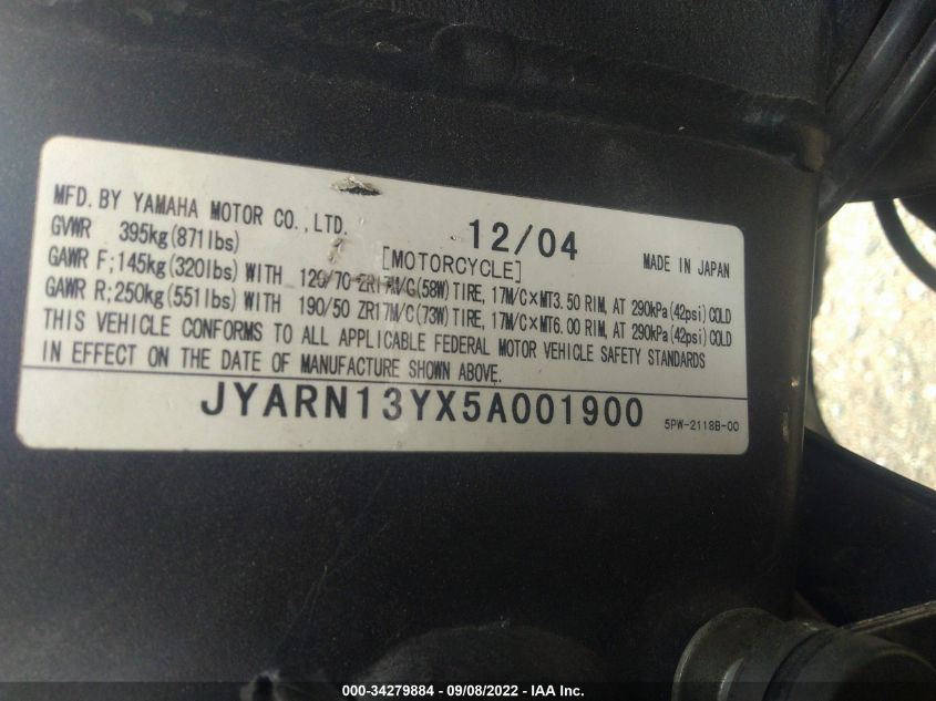 2005 YAMAHA YZFR1 C JYARN13YX5A001900