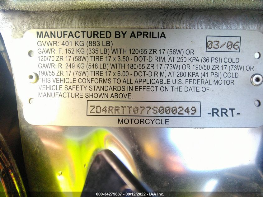 2007 APRILIA TUONO 1000 ZD4RRTT077S000249