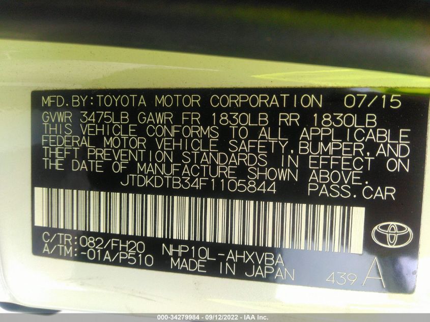 2015 TOYOTA PRIUS C ONE/TWO/THREE/FOUR JTDKDTB34F1105844