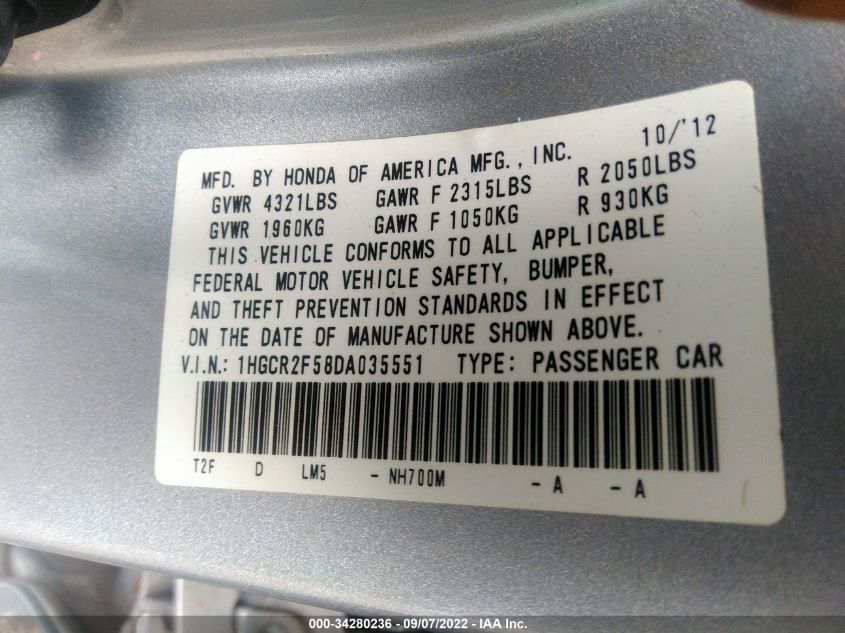 2013 HONDA ACCORD SDN SPORT 1HGCR2F58DA035551
