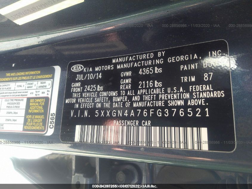 2015 KIA OPTIMA EX 5XXGN4A76FG376521