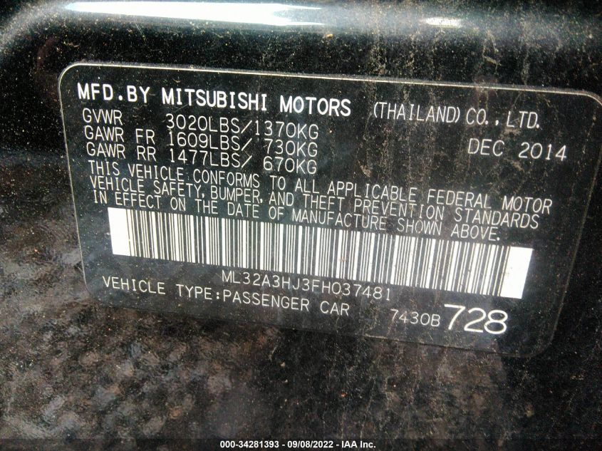 2015 MITSUBISHI MIRAGE DE/RF ML32A3HJ3FH037481
