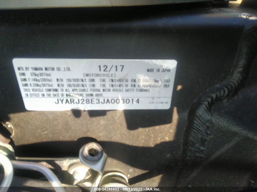 2018 YAMAHA YZFR6 JYARJ28E3JA003014