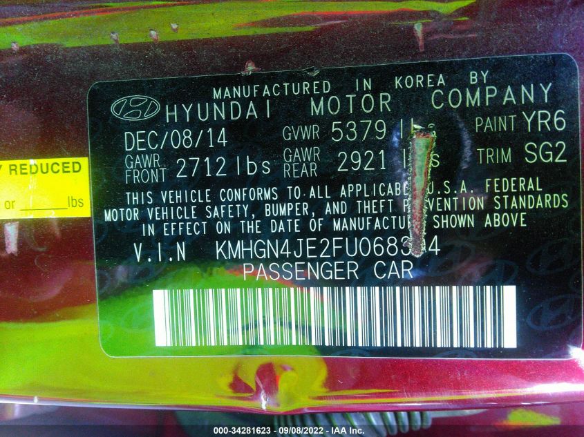 2015 HYUNDAI GENESIS 3.8L KMHGN4JE2FU068394