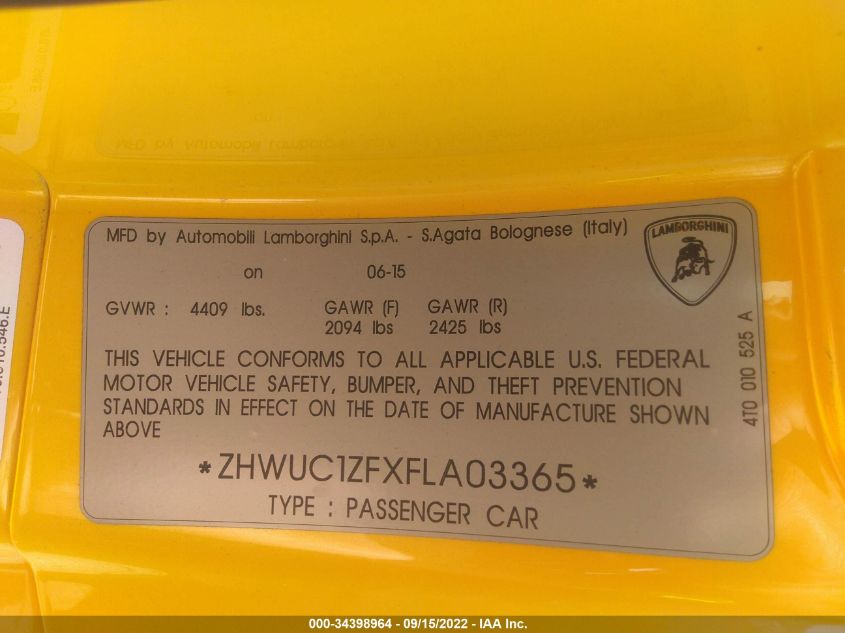 2015 LAMBORGHINI HURACAN ZHWUC1ZFXFLA03365