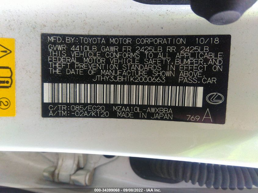 2019 LEXUS UX UX 200 JTHY3JBH1K2000663