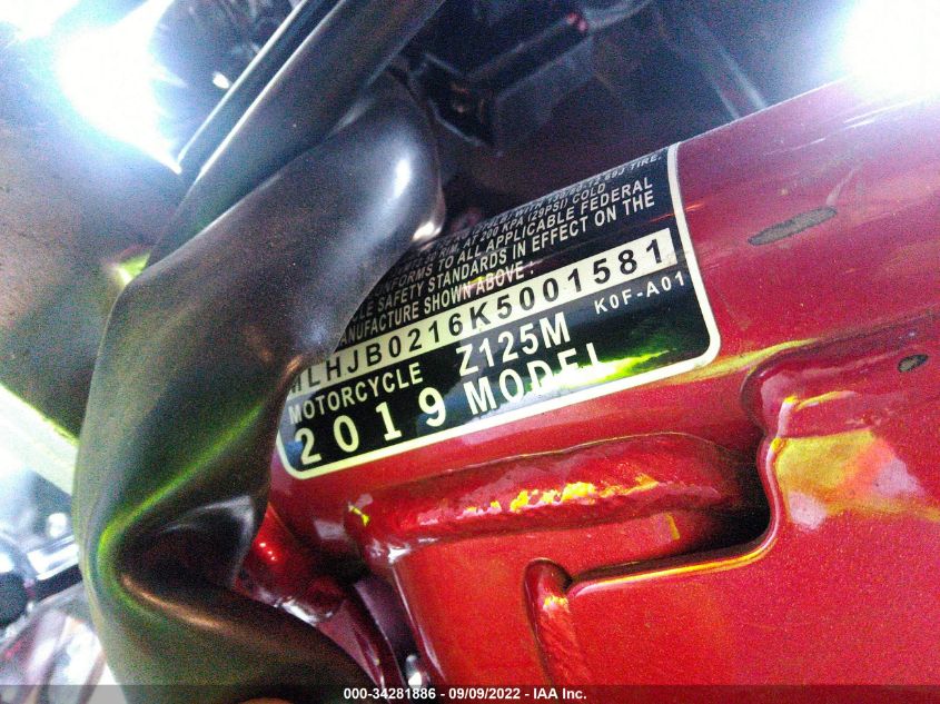 2019 HONDA Z125 M MLHJB0216K5001581