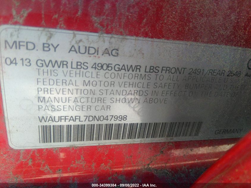 2013 AUDI A4 PREMIUM PLUS WAUFFAFL7DN047998