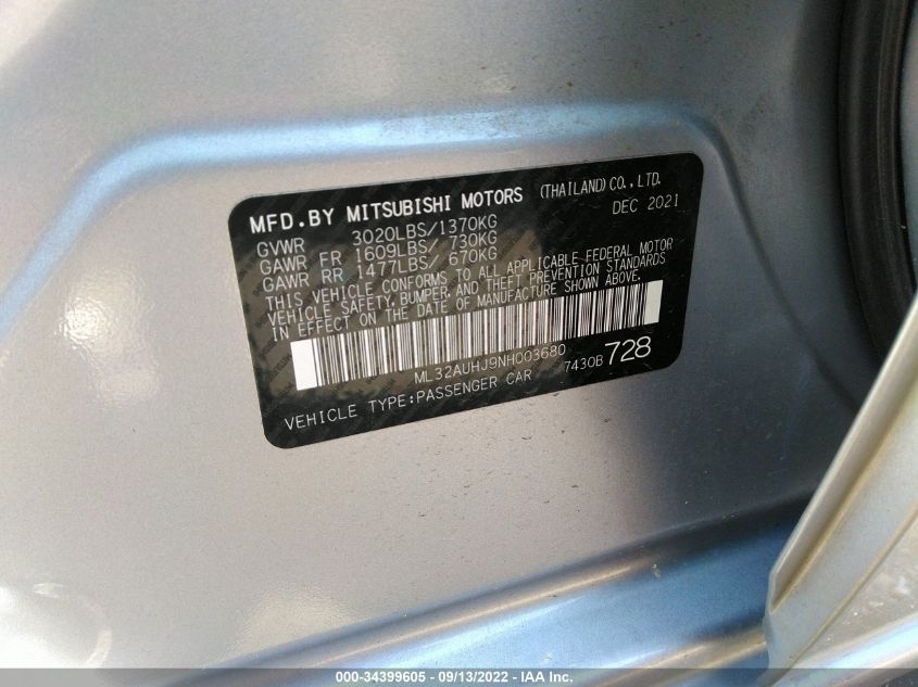2022 MITSUBISHI MIRAGE ES/LE ML32AUHJ9NH003680