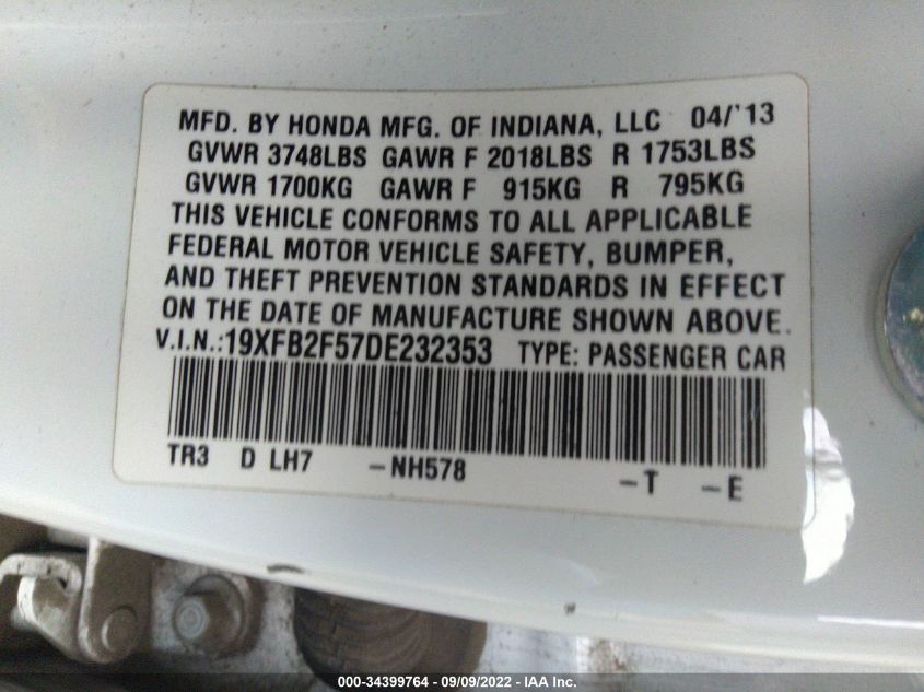 2013 HONDA CIVIC SDN LX 19XFB2F57DE232353