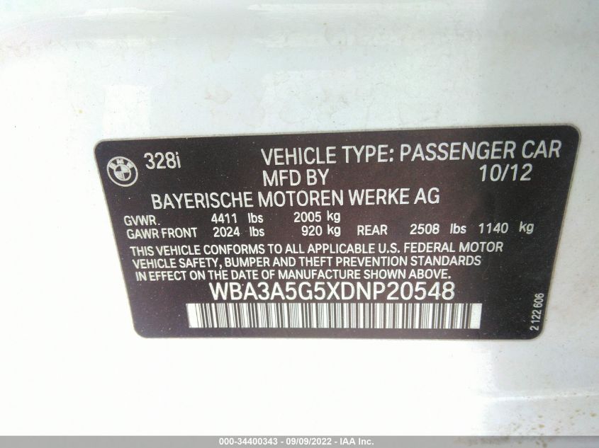 2013 BMW 3 SERIES 328I WBA3A5G5XDNP20548