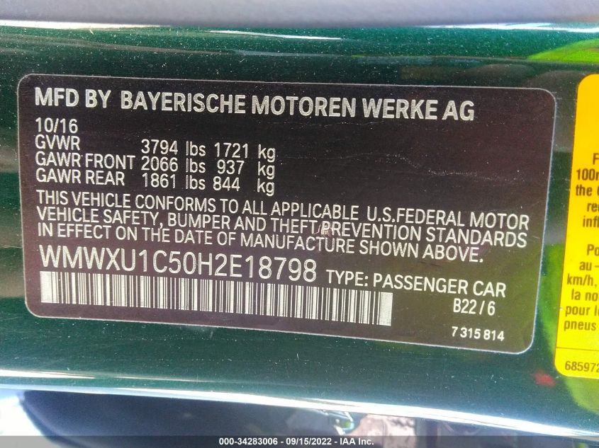 2017 MINI HARDTOP 4 DOOR COOPER WMWXU1C50H2E18798