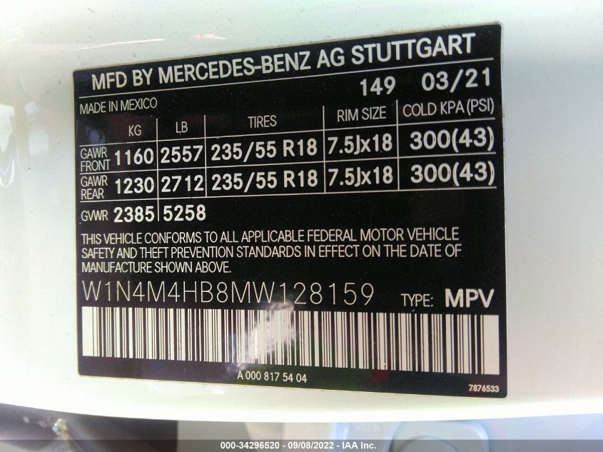 2021 MERCEDES-BENZ GLB 250 W1N4M4HB8MW128159