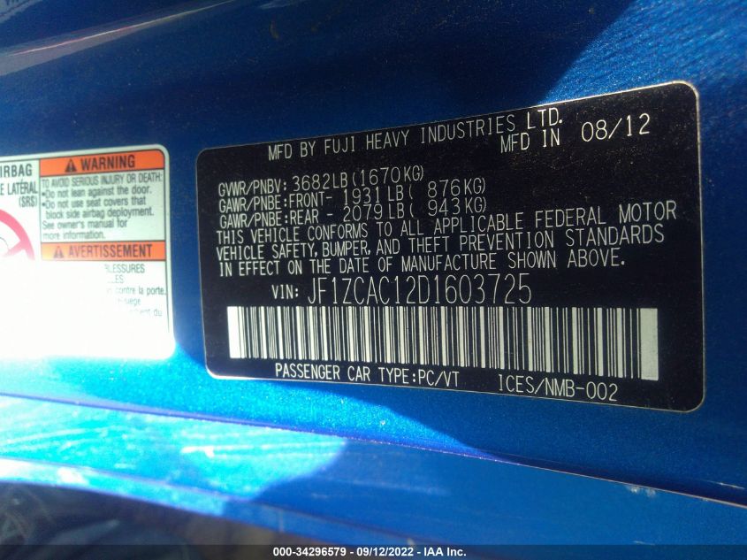 2013 SUBARU BRZ LIMITED JF1ZCAC12D1603725