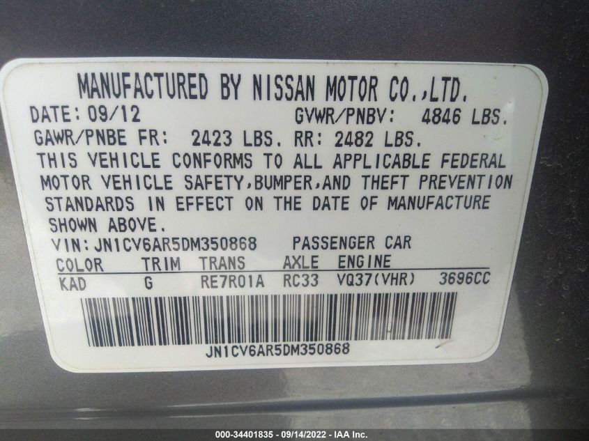 2013 INFINITI G37 SEDAN X JN1CV6AR5DM350868