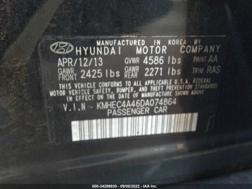 2013 HYUNDAI SONATA HYBRID KMHEC4A46DA074864