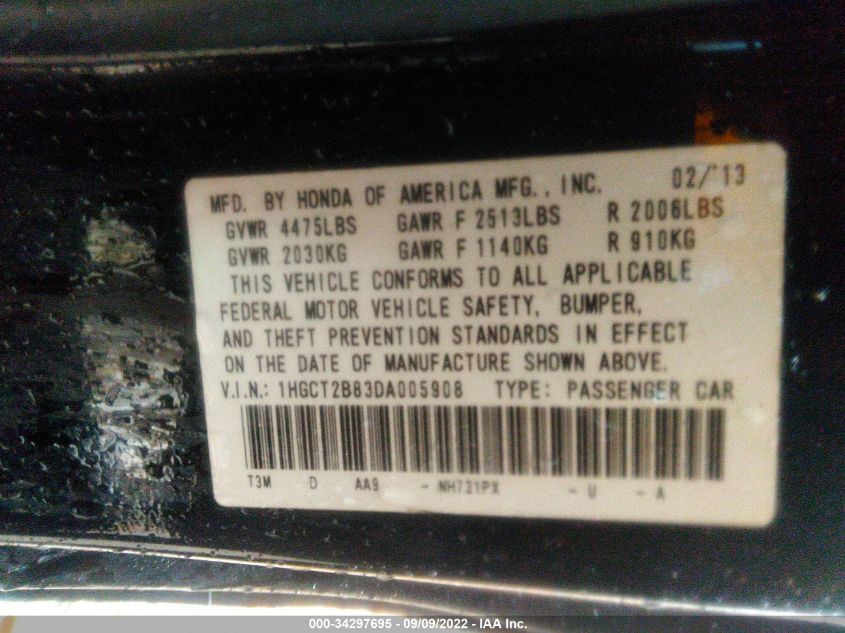 2013 HONDA ACCORD CPE EX-L 1HGCT2B83DA005908