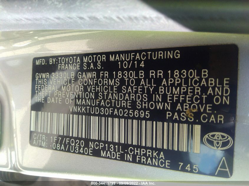 2015 TOYOTA YARIS L/SE/LE VNKKTUD30FA025695