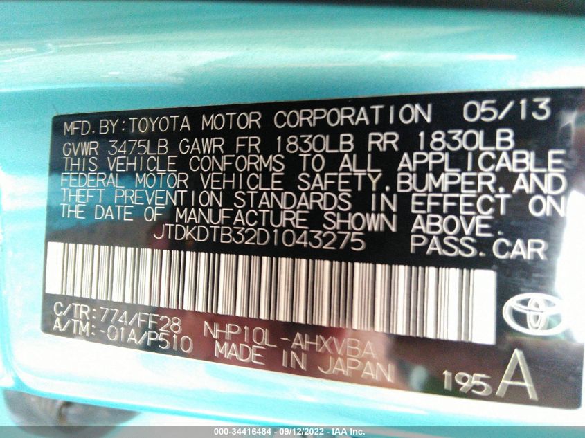 2013 TOYOTA PRIUS C ONE/TWO/THREE/FOUR JTDKDTB32D1043275