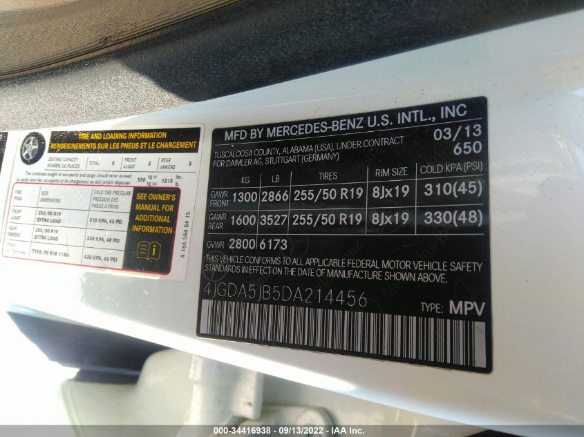 2013 MERCEDES-BENZ M-CLASS ML 350 4JGDA5JB5DA214456