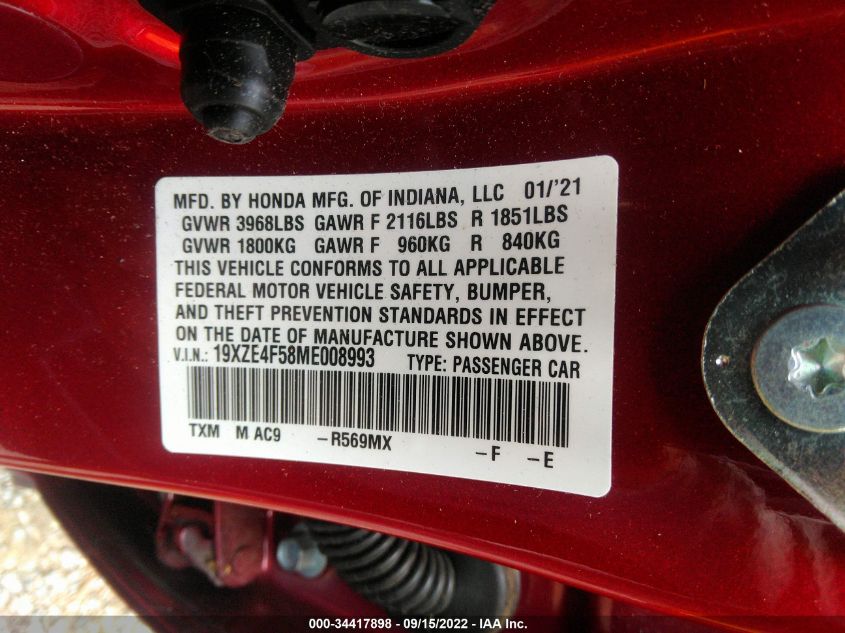 2021 HONDA INSIGHT EX 19XZE4F58ME008993