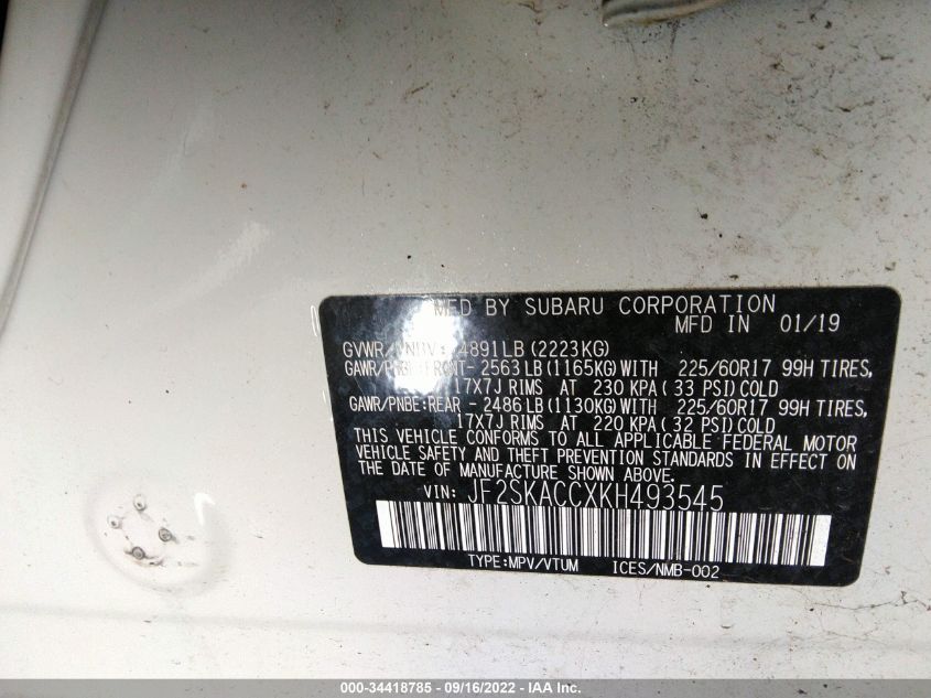 2019 SUBARU FORESTER - JF2SKACCXKH493545