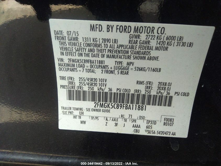 2015 FORD FLEX SEL 2FMGK5C89FBA11881