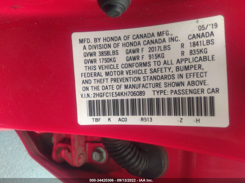 2019 HONDA CIVIC SI SEDAN 2HGFC1E54KH706089