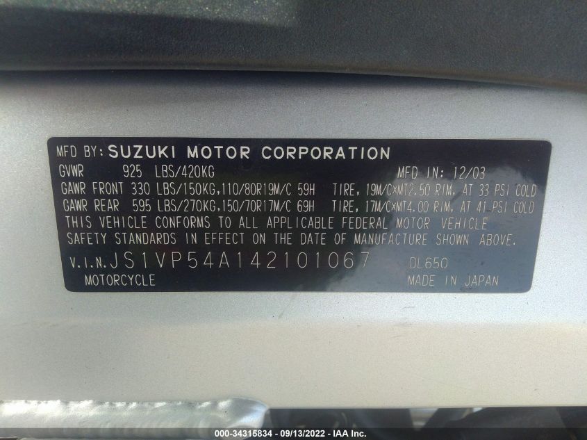 2004 SUZUKI DL650 K JS1VP54A142101067