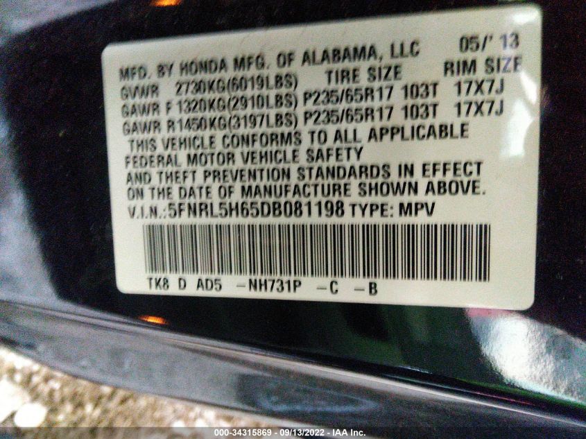 VIN 5FNRL5H65DB081198 2013 HONDA ODYSSEY no.9