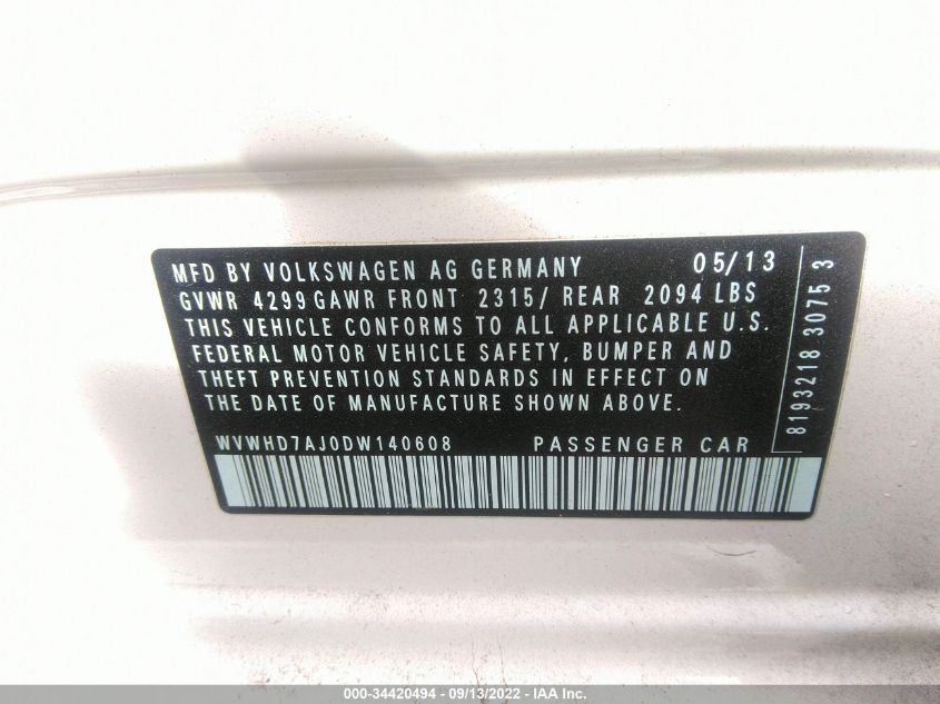 2013 VOLKSWAGEN GTI WOLFSBURG WVWHD7AJ0DW140608