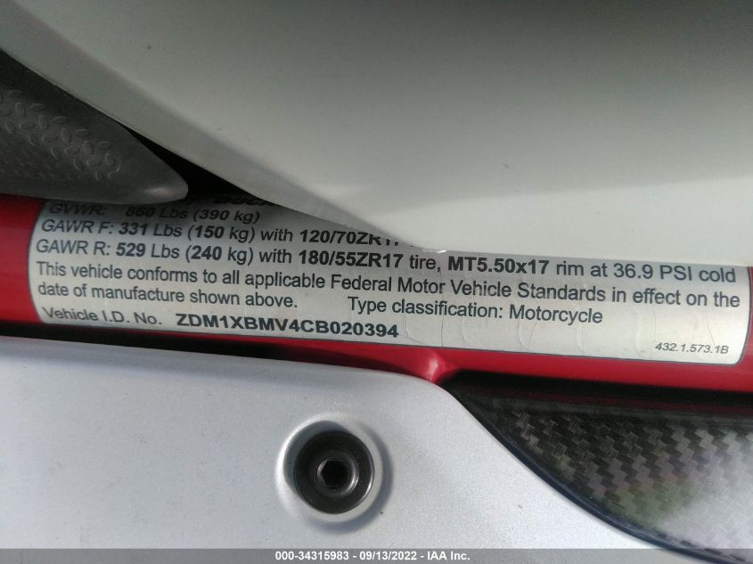 2012 DUCATI SUPERBIKE 848/848 EVO CORSE SE ZDM1XBMV4CB020394