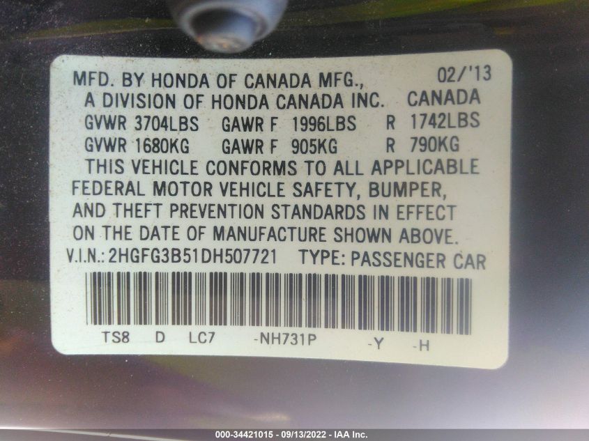 2013 HONDA CIVIC CPE LX 2HGFG3B51DH507721