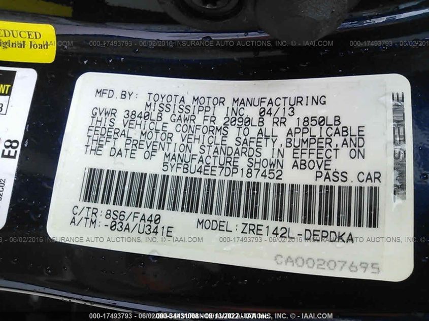 2013 TOYOTA COROLLA L/LE/S 5YFBU4EE7DP187452