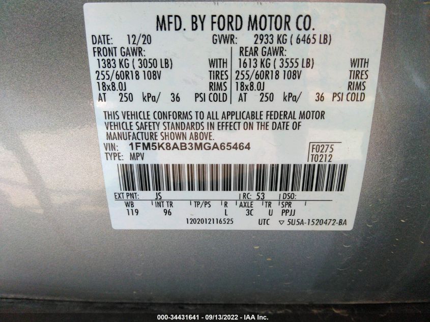 2021 FORD POLICE INTERCEPTOR 1FM5K8AB3MGA65464