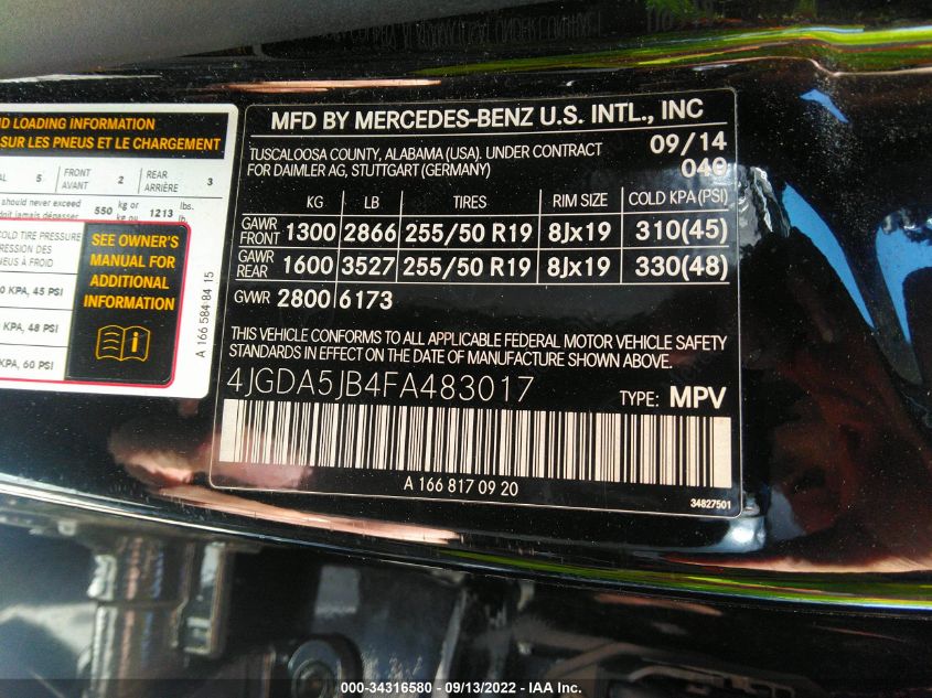 2015 MERCEDES-BENZ ML 350 4JGDA5JB4FA483017
