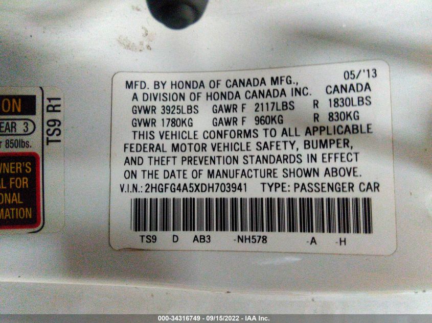 2013 HONDA CIVIC CPE SI 2HGFG4A5XDH703941