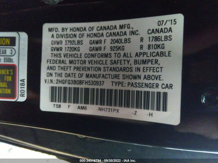2015 HONDA CIVIC COUPE EX-L 2HGFG3B08FH530937
