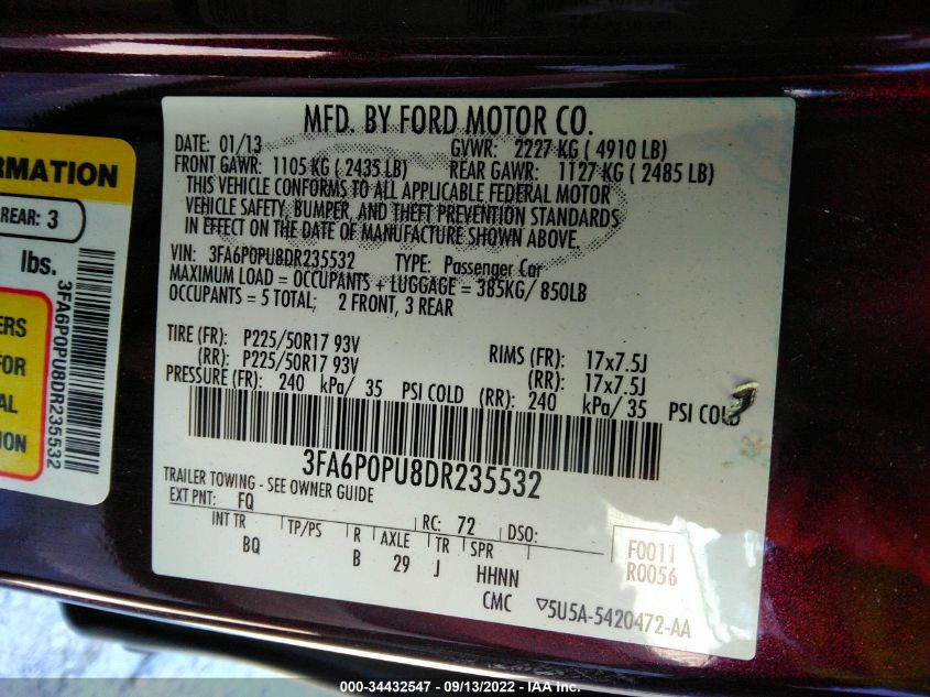 2013 FORD FUSION ENERGI SE LUXURY 3FA6P0PU8DR235532