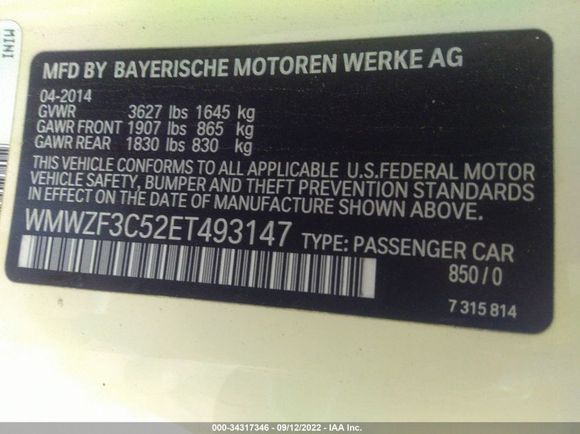 2014 MINI COOPER CLUBMAN WMWZF3C52ET493147