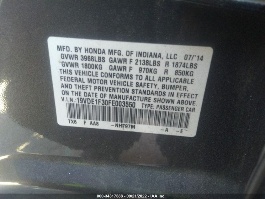 2015 ACURA ILX 19VDE1F30FE003550