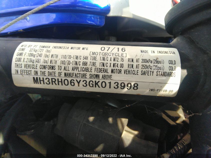 2016 YAMAHA YZFR3 MH3RH06Y3GK013998