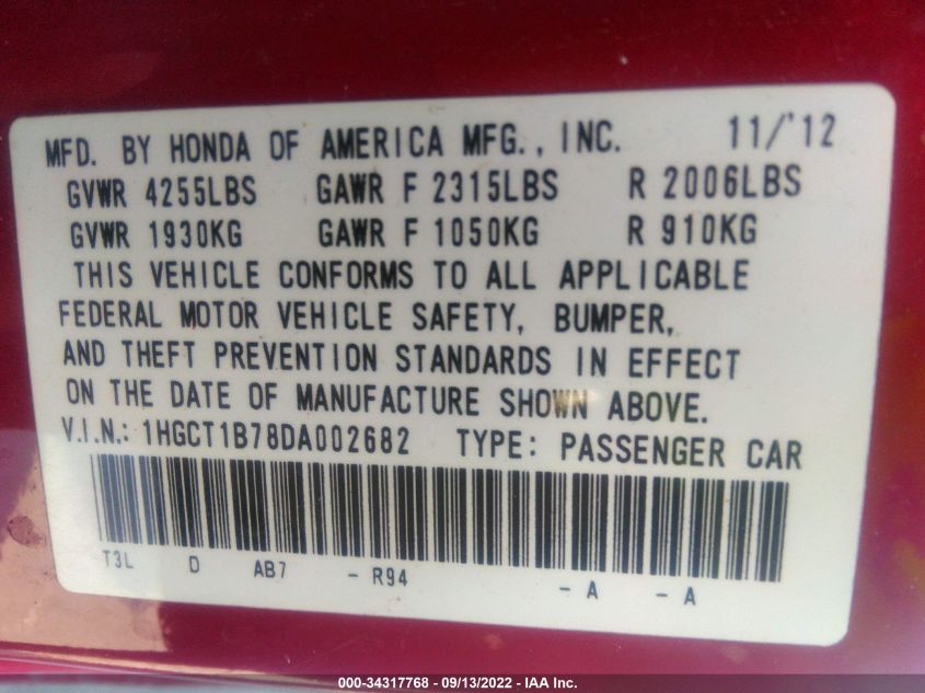 2013 HONDA ACCORD CPE EX 1HGCT1B78DA002682