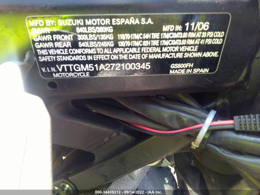 2007 SUZUKI GS500 VTTGM51A272100345